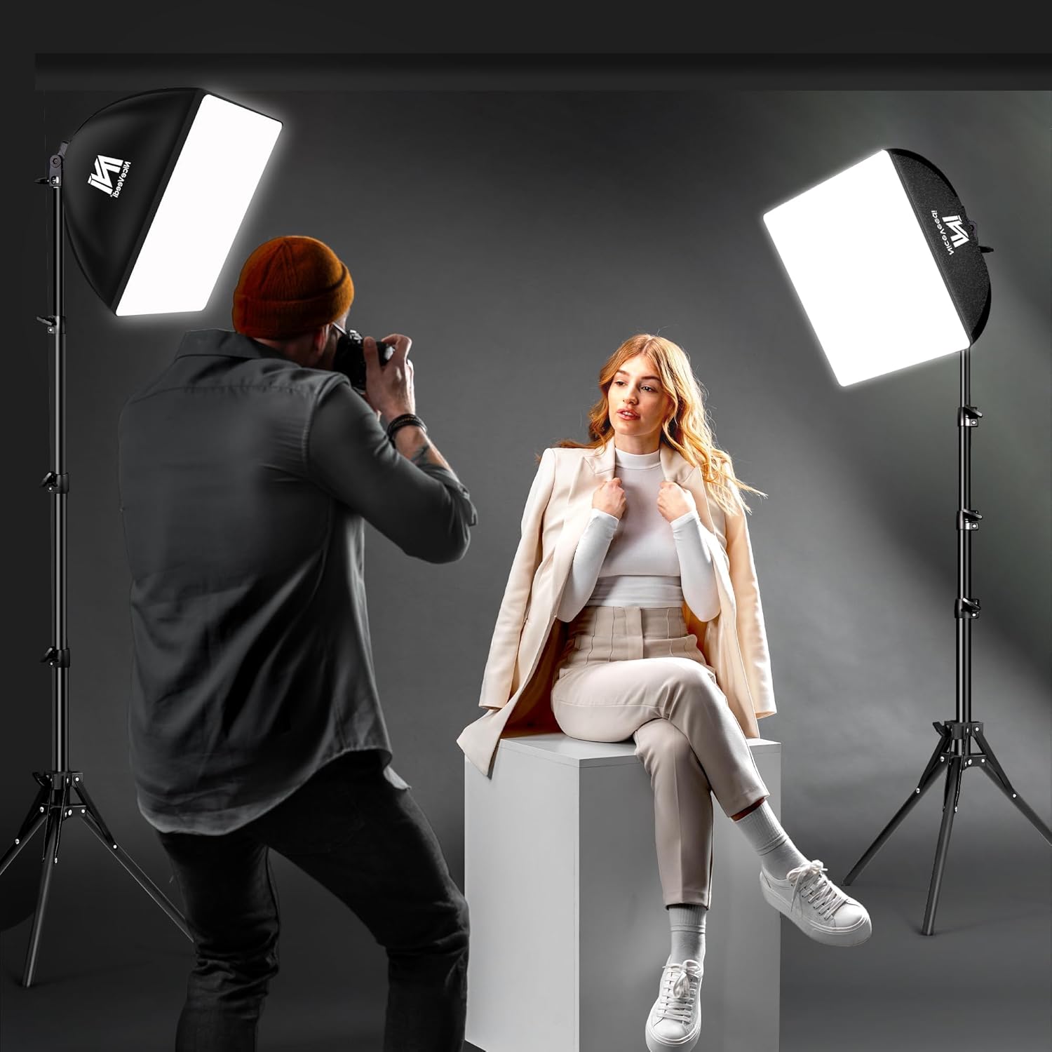 Softbox Lighting Kit, NiceVeedi 2-Pack 16'' x 16'' Softbox Photography Lighting Kit with 63” Tripod Stand & 5400K 450W Equivalent LED Bulb, Continuous Lighting for Photography/Video Record - Image 6