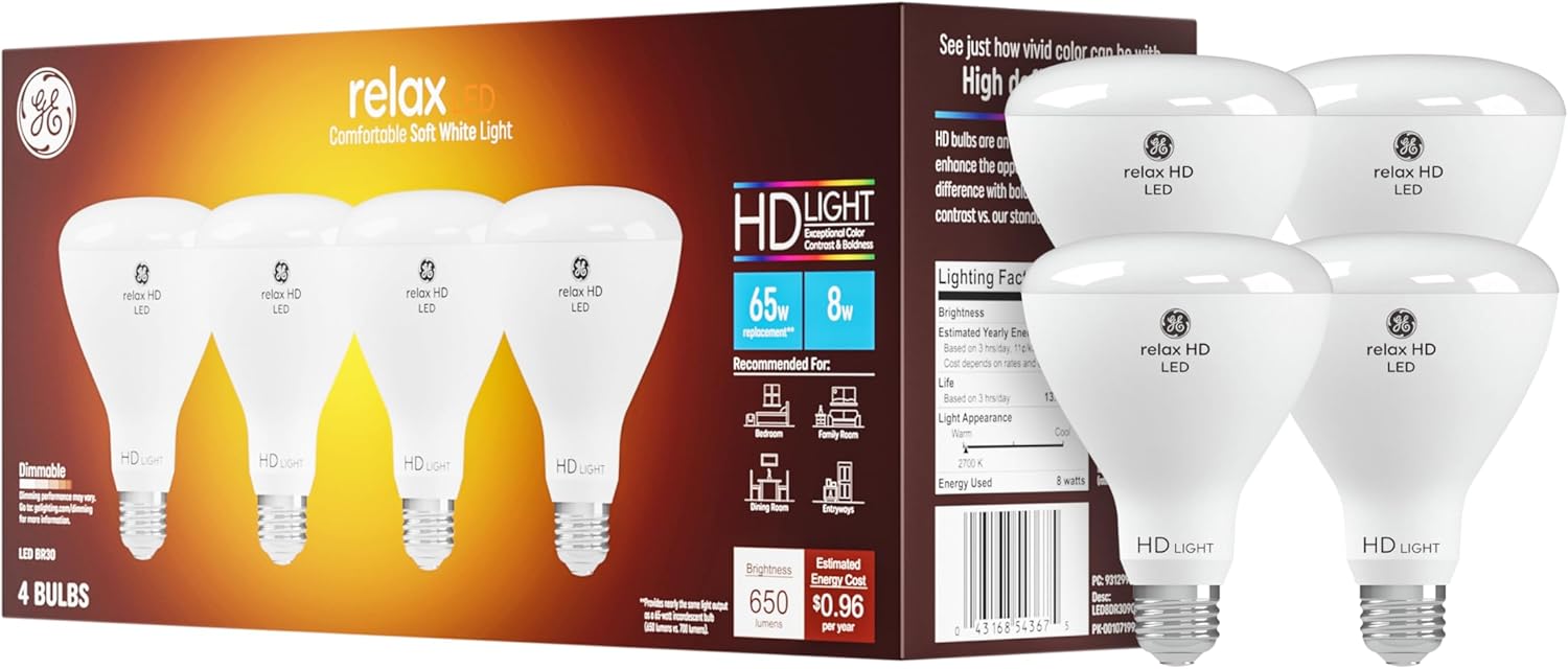GE Relax LED Light Bulb, 65 Watt, Soft White, BR30 Indoor Floodlight (4 Pack)