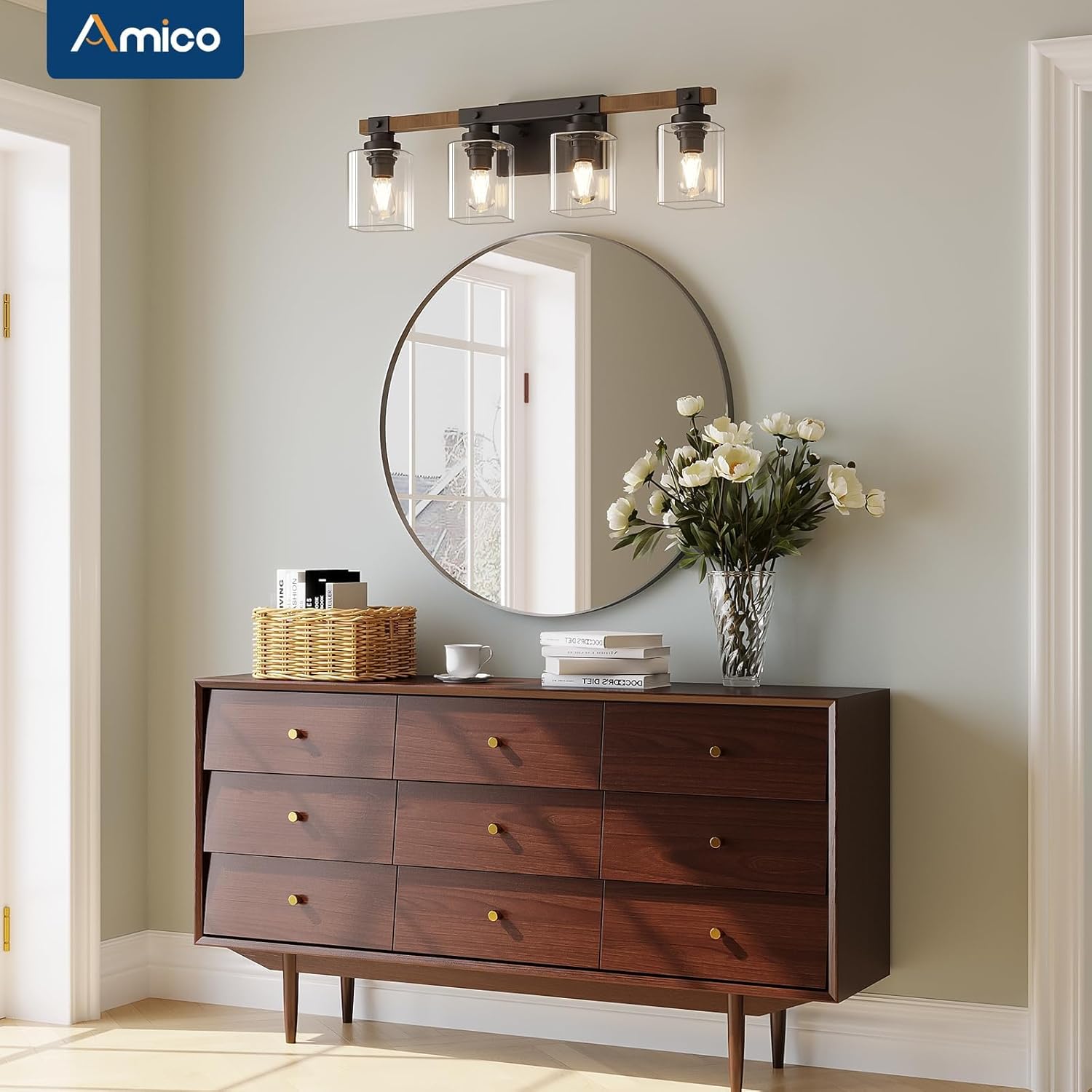 Amico 4-Light Bathroom Vanity Light Fixtures, Rustic Industrial Painted Wood Farmhouse Light fixtures, Vintage Black Wall Sconces Bathroom Vanity Lighting with Clear Glass Shade - Image 3