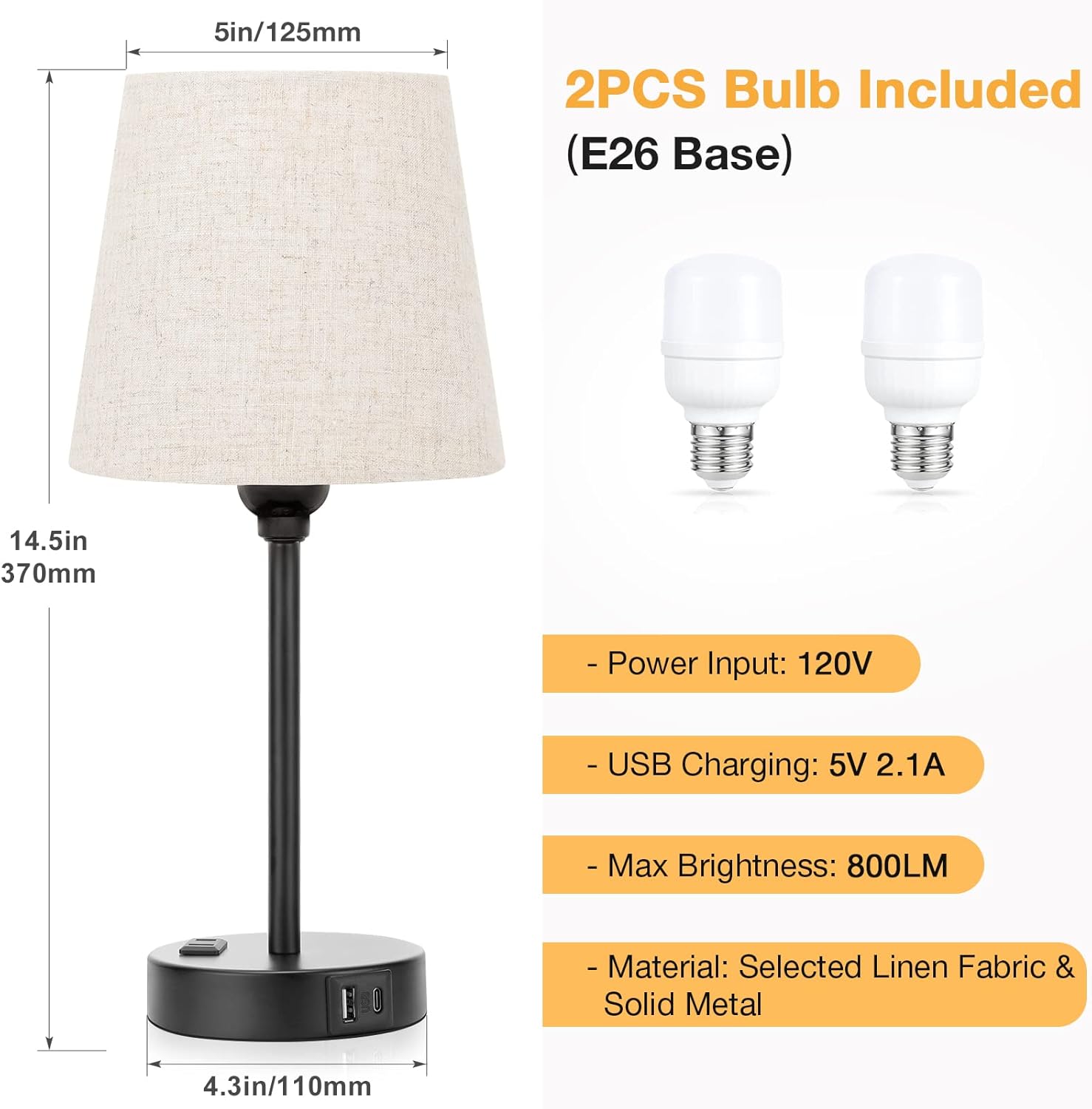 Mini Bedside Lamps for Bedrooms Set of 2 - Nightstand Bedroom Lamps with USB C Port and AC Outlet Charging, Dimmable Touch Small Bed Side Table Lamp, Black Night Stand Light for Kids/Guest Room - Image 6