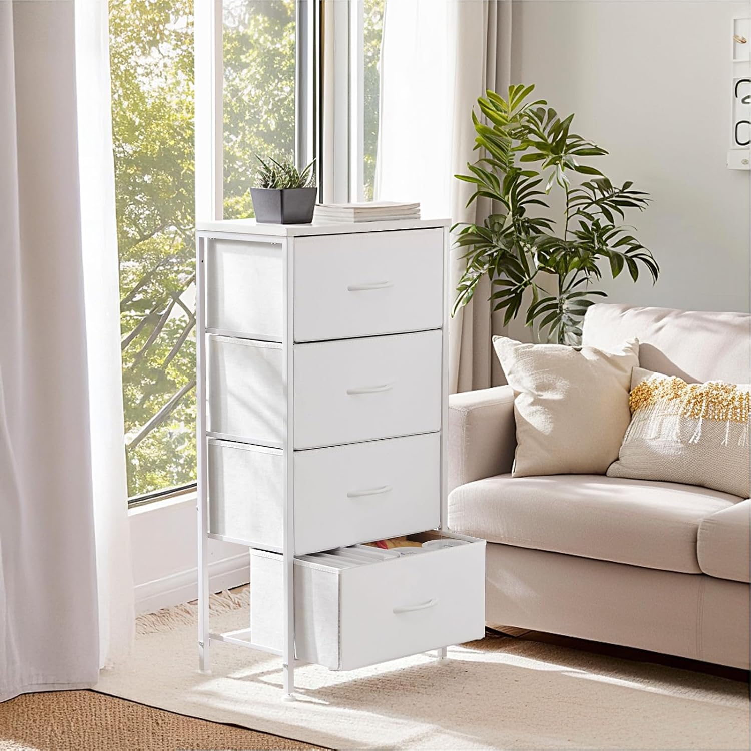 Sweetcrispy Nightstand Small Bedroom Dresser with 4 Fabric Drawers, Bed Side Furniture End Table, Wooden Top Cabinet Night Stand Dresser for Closet, Entryway, Dorm - Image 7