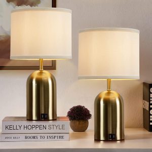 GyroVu Touch Control Table Lamps Set of 2, Bedside Table Lamps for Bedrooms Set of 2 Modern Living Room 3 Way Dimmable Gold Bedside Lamp for End Table with 2 USB Charging Ports, 2 Bulbs Included
