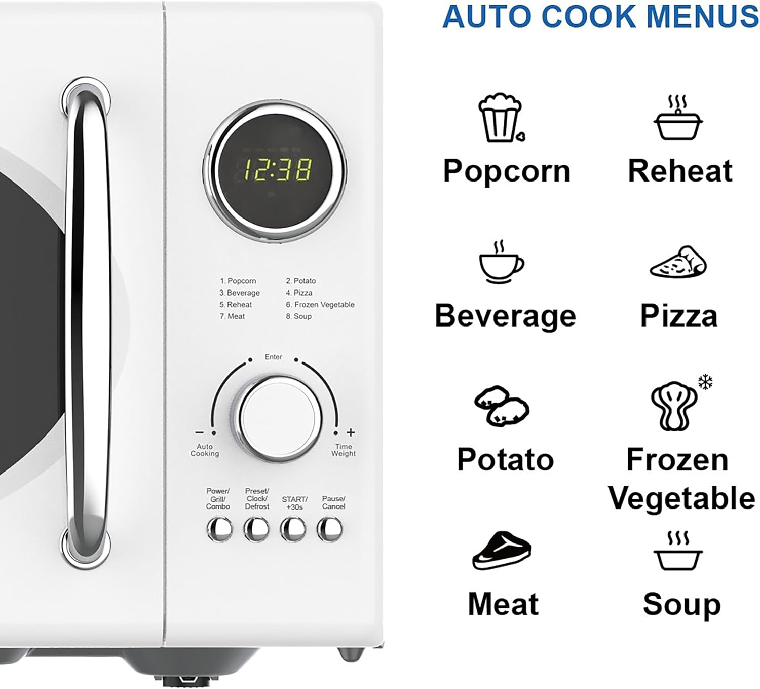 Emerson MWRG0901W 0.9 Cu. Ft. Retro Microwave with 1,000W Grill Function, 800W Cooking Power, LED Display, 5 Power Levels, 8 Auto Menus, Glass Turntable, Child Lock, White Countertop Design - Image 5