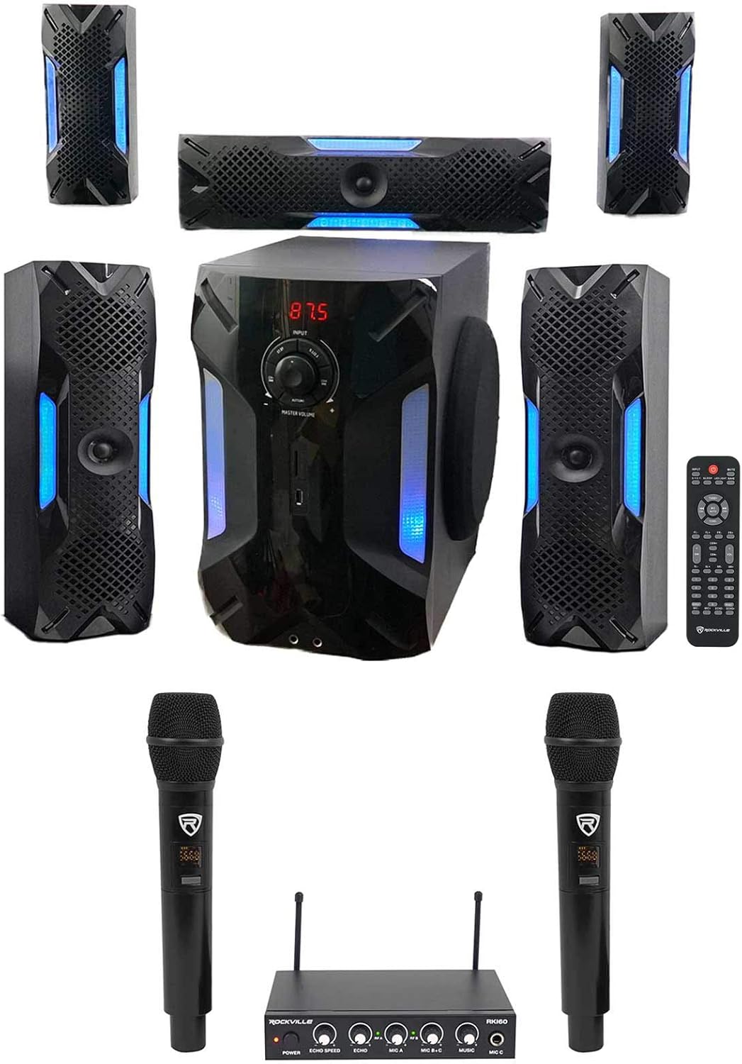 Rockville Hybrid Home Theater Karaoke Machine System w/8" Sub+(2) Wireless Mics