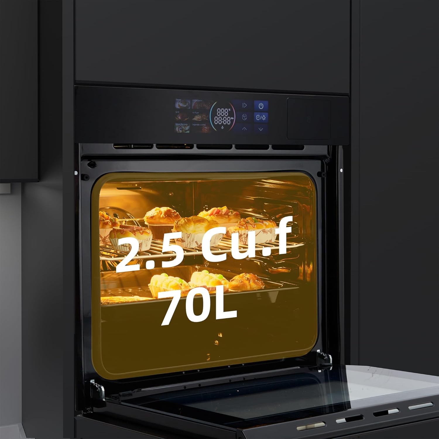 Garvee 24 in Single Wall Oven, Built-in Electric Steam Oven with 8 Baking Modes and Air Frying, 2.5 Cu.Ft. Convection Wall Oven with Stainless Stain Finish, Colorful Touch Screen, Black - Image 4