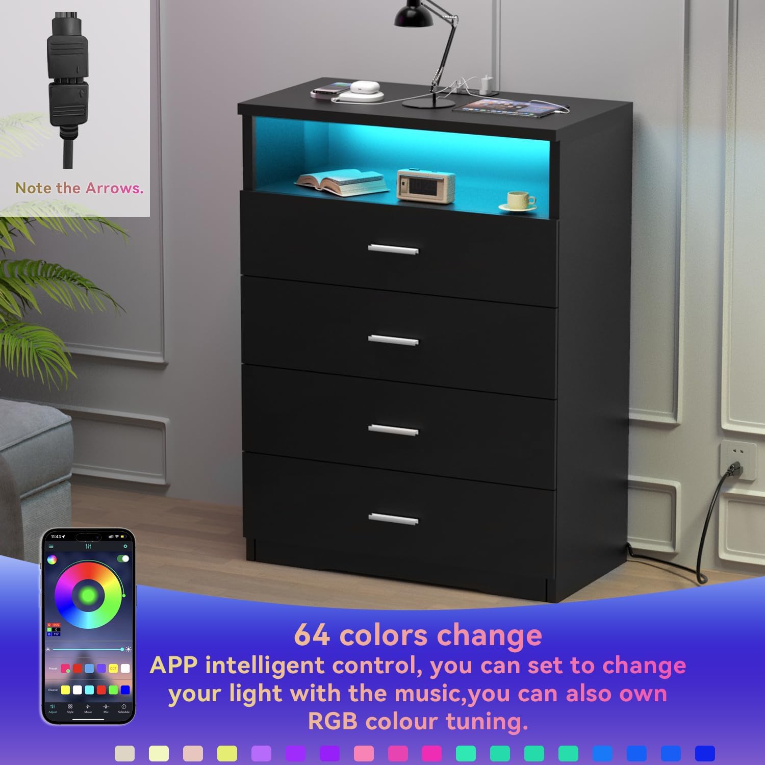 Dresser with Power Outlets and LED Lights Wooden 4 Drawer Dresser with Large Organizer Tall Black Drawer for Bedroom Modern Chest of Drawers Closet for Living Room Kids Room - Image 4