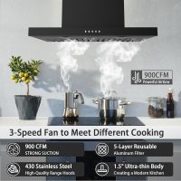 ONEEON 24" Range Hood - 650 CFM Wall Mount Kitchen Exhaust with 3 Speed Fan, LED Lights, Push Button, Ultra-thin Body, Chimney Style Stove Vent Hood & Ducted Exhaust Vent, Black - Image 2