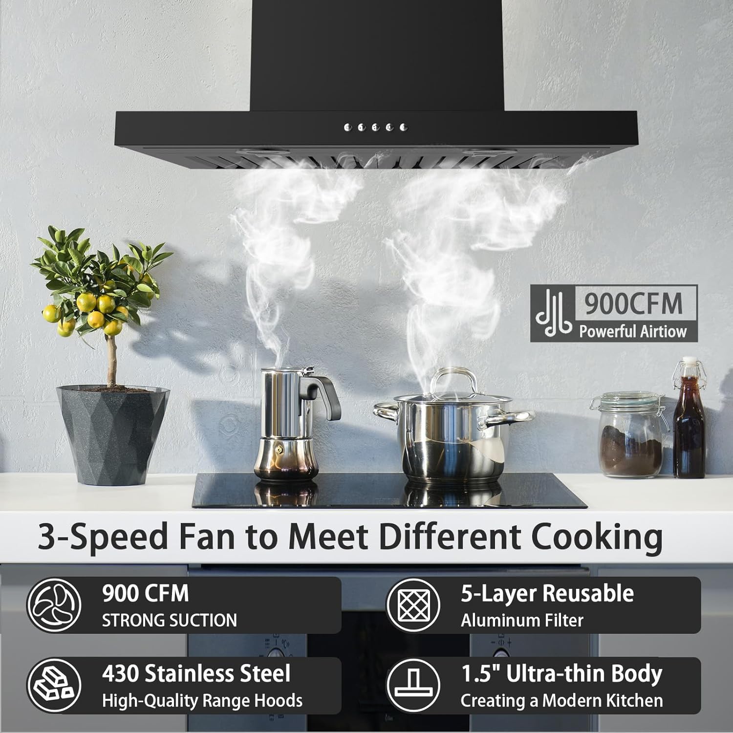 ONEEON 24" Range Hood - 650 CFM Wall Mount Kitchen Exhaust with 3 Speed Fan, LED Lights, Push Button, Ultra-thin Body, Chimney Style Stove Vent Hood & Ducted Exhaust Vent, Black - Image 2