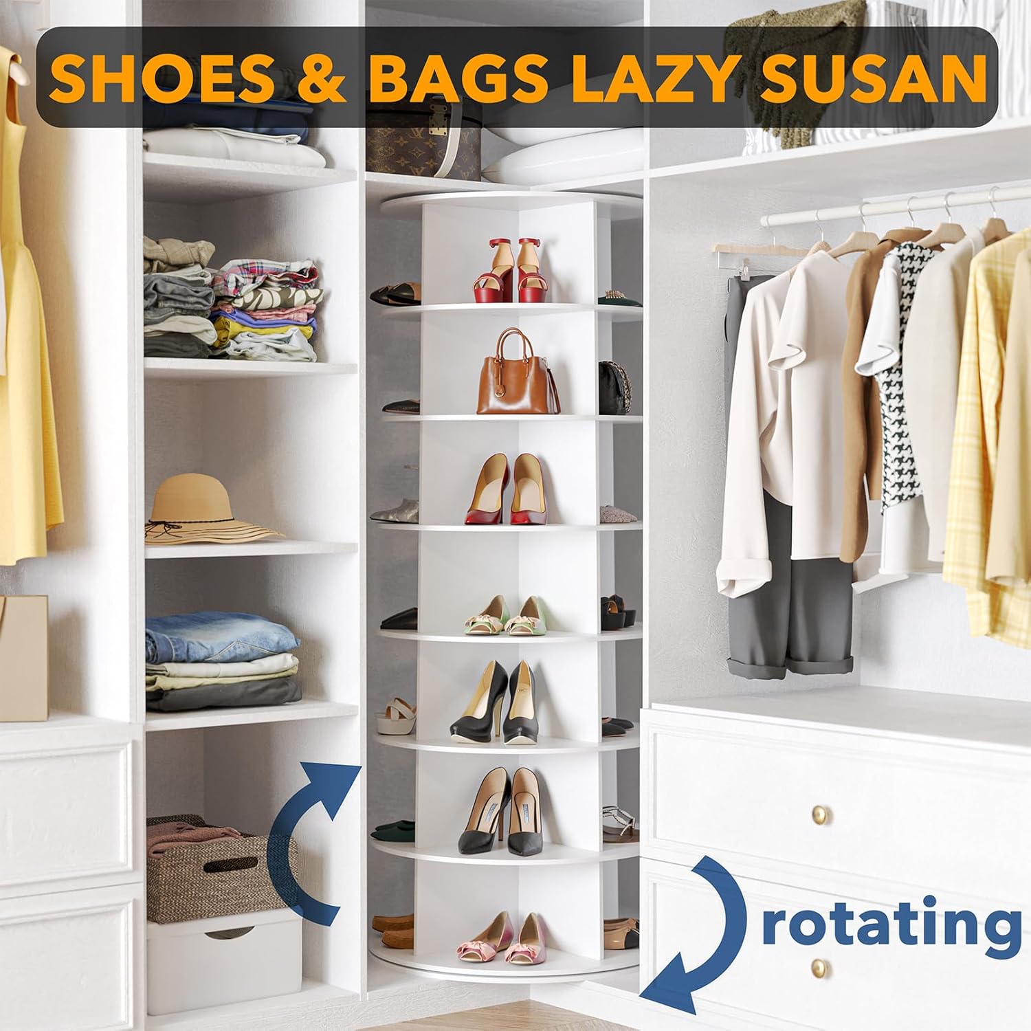 SpaceAid 7 Tier Rotating Shoe Rack Tower, Spinning Shoe Display Lazy Susan, Revolving 360 Shoe Rack Storage Round Carousel, Vertical Handbag Rotate Shoes Closet Organization (7-Tier White) - Image 4