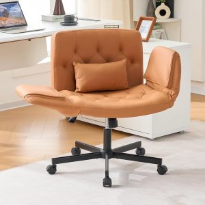 Criss Cross Chair with Reversible Armrests, Cross Legged Office Chairs with Wheels and Wide Seat PU Leather Home Desk Chair for Home, Make Up, Bed Room, Brown