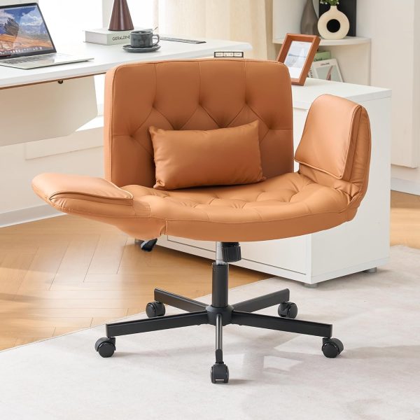 Criss Cross Chair with Reversible Armrests, Cross Legged Office Chairs with Wheels and Wide Seat PU Leather Home Desk Chair for Home, Make Up, Bed Room, Brown
