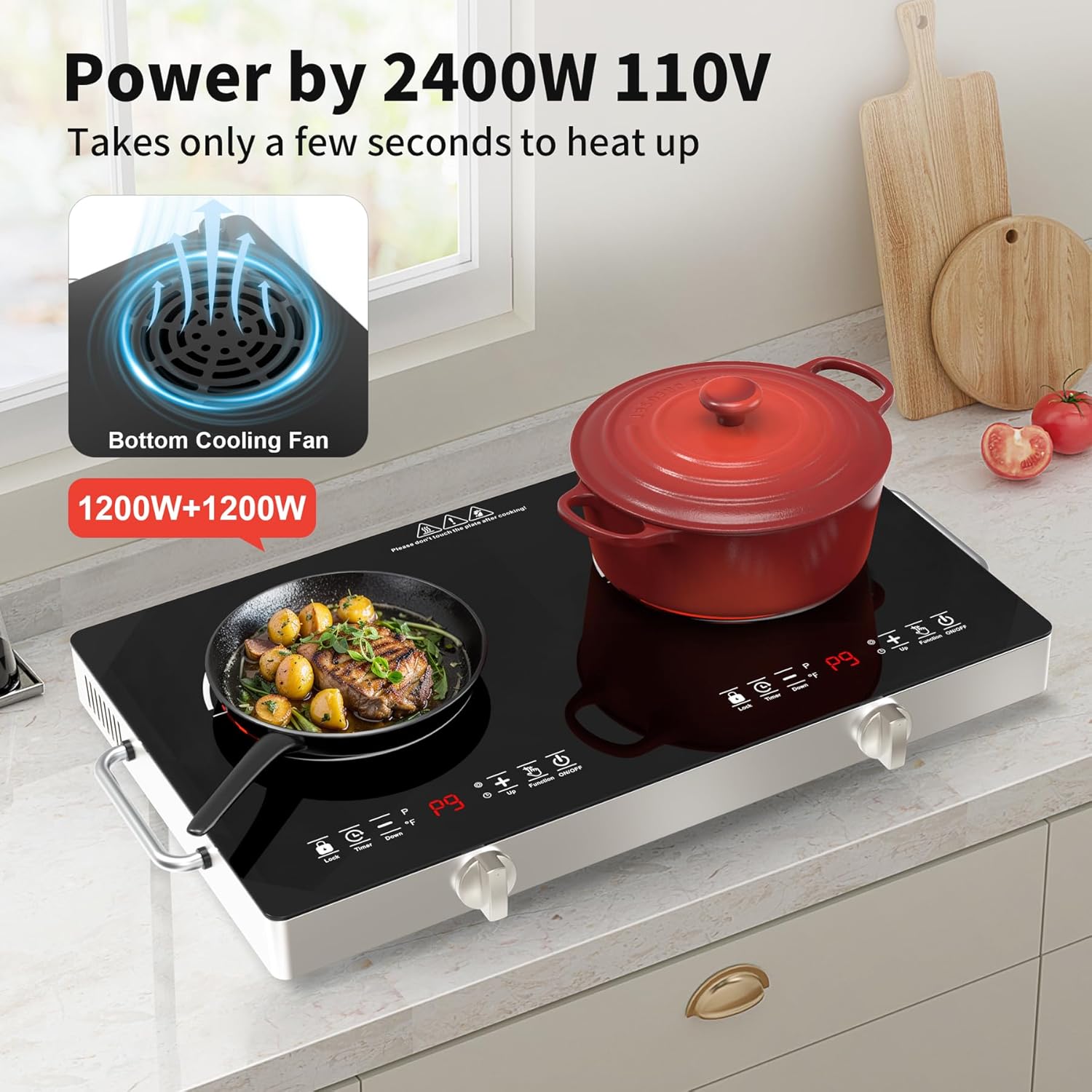 Electric Cooktop,110V 2400W Stove top, Countertop Cooktop with 9 Power Levels, LED Display,Child Safety Lock, Timer,Knob and Touch Control 2 burner Electric cooktop - Image 7