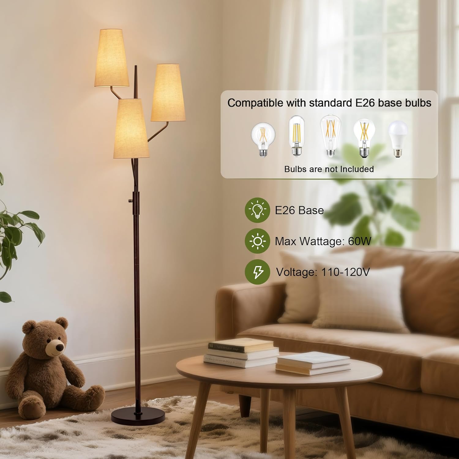 Floor Lamp for Living Room, 70" Tall Farmhouse Standing Lamp with Linen Shades, Industrial Rustic Tree Floor Lamps for Bedroom, Office and Dining Room(Bulb Not Included) - Image 4