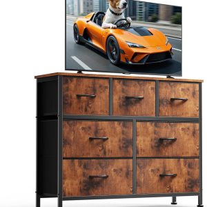 DUMOS Dresser for Bedroom with 7 Drawers, Storage Organizer Units Furniture, Chest Tower TV Stand with Fabric Bins, Metal Frame, Wooden Top for Nursery, Living Room, Bedroom, Closet, Brown