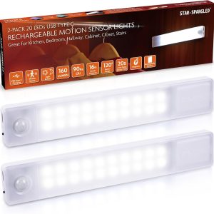 STAR-SPANGLED Under Cabinet Lighting Rechargeable, 8 inch Motion Sensor Lights Indoor Battery Operated, USB Stick on LED Magnetic Closet Light Wireless for Counter, Stairs, Kitchen, Cool White, 2 Pack