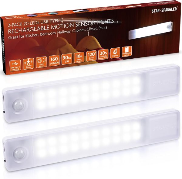 STAR-SPANGLED Under Cabinet Lighting Rechargeable, 8 inch Motion Sensor Lights Indoor Battery Operated, USB Stick on LED Magnetic Closet Light Wireless for Counter, Stairs, Kitchen, Cool White, 2 Pack
