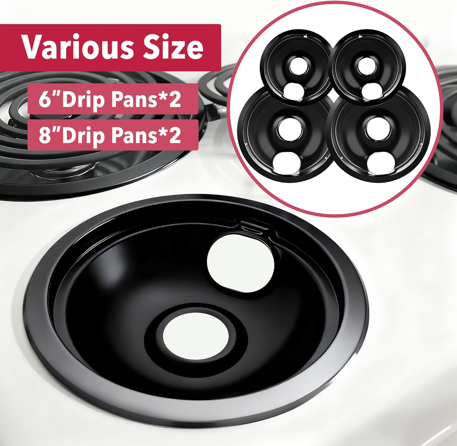 Electric Stove Drip Pans, Replacement Chrome Drip Pans for Electric Stove Compatible with Most Plug-in Electric Ranges include Black 2 * 6in and 2 * 8in (Set of 4 Burner Drip Pan) - Image 4