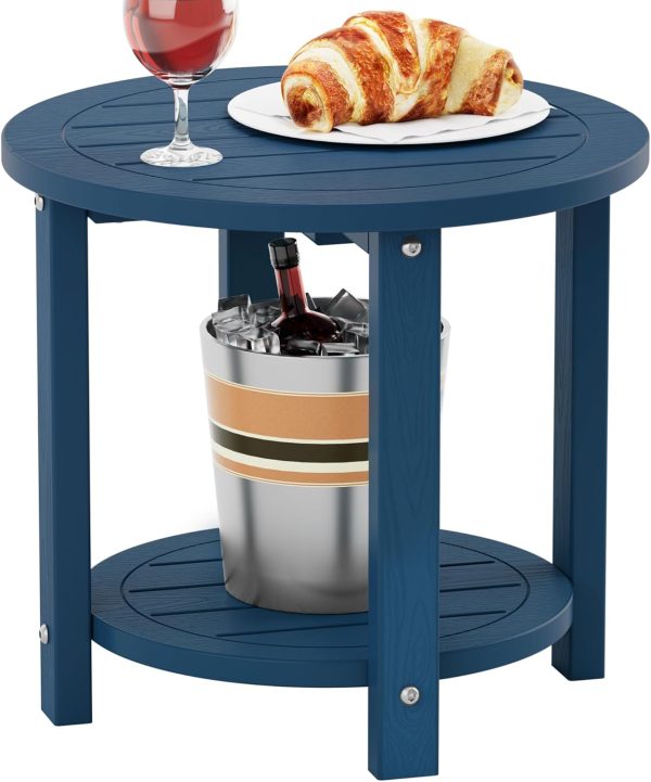 YEFU Outdoor Side Table for Patio: 16in HIPS Small Round Outdoor End Table - 2-Tier Adirondack Tables for Patio Porch Yard Poolside Living Room Beach Bedroom (Navy, 1 Pack)
