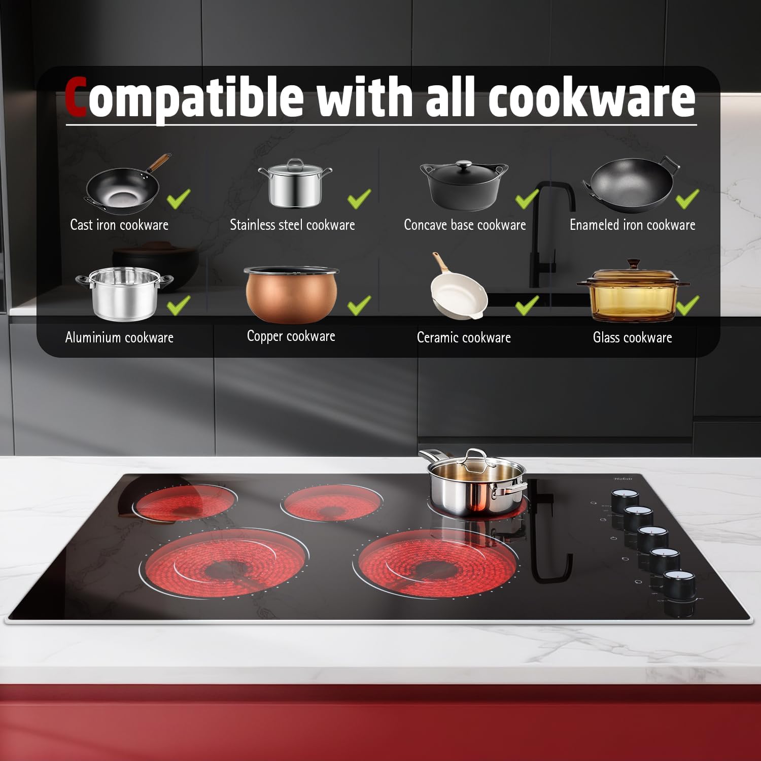 Hobsir Electric Cooktop 36 Inch, Electric Stove Top Burner, 5 Burners 36 Cooktop, Knob Control 8400W Drop-in Ceramic Stove with Glass Metal Frame, Dual Ring, 220-240V, Hard Wired (No Plug) - Image 4