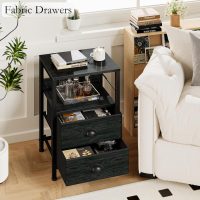 Furologee Nightstands Set 2, Night Stand with 2 Fabric Drawers, Bedside Tables with Open Shelf, Wooden Top, Hooks, Backboard Design, Metal Frame, End Tables for Bedroom/Living Room/Study/Black Oak - Image 2