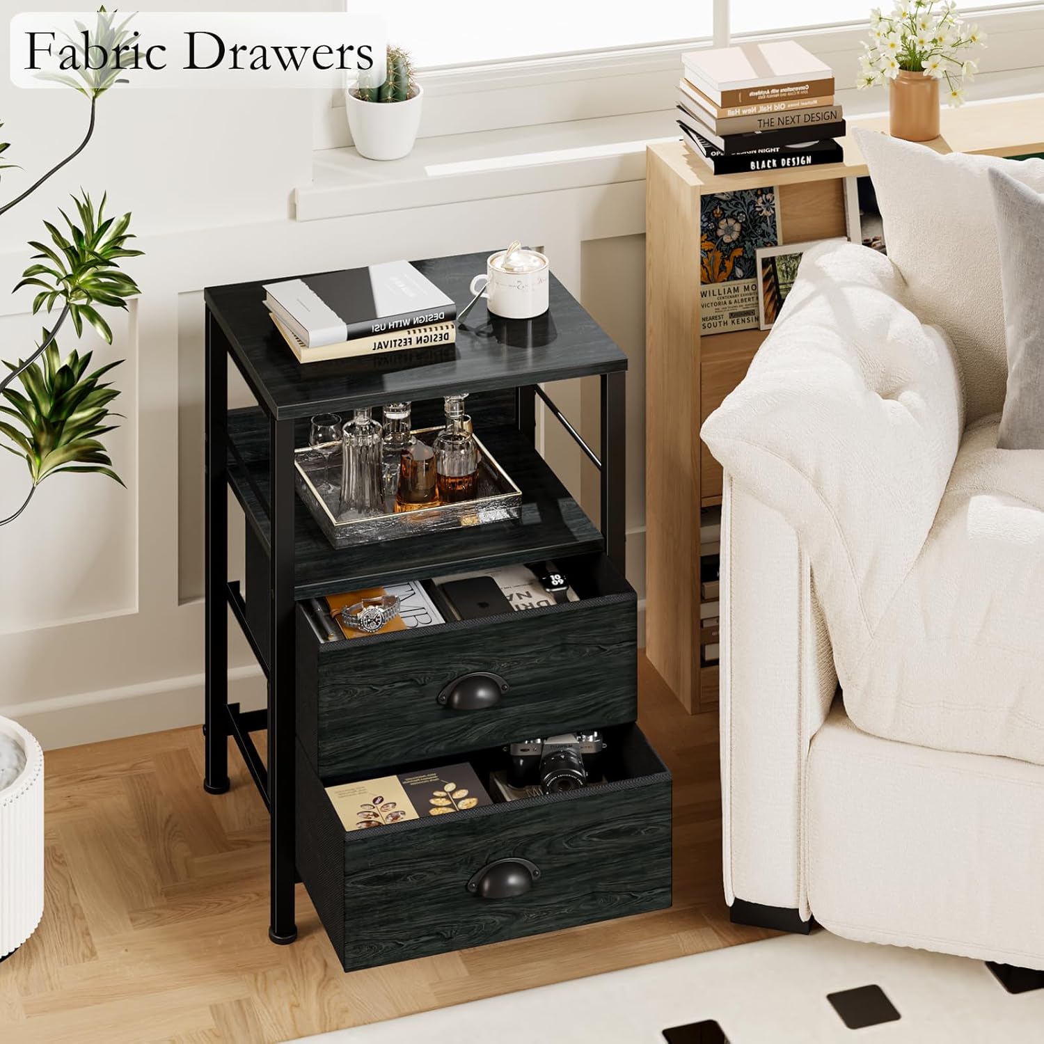 Furologee Nightstands Set 2, Night Stand with 2 Fabric Drawers, Bedside Tables with Open Shelf, Wooden Top, Hooks, Backboard Design, Metal Frame, End Tables for Bedroom/Living Room/Study/Black Oak - Image 2