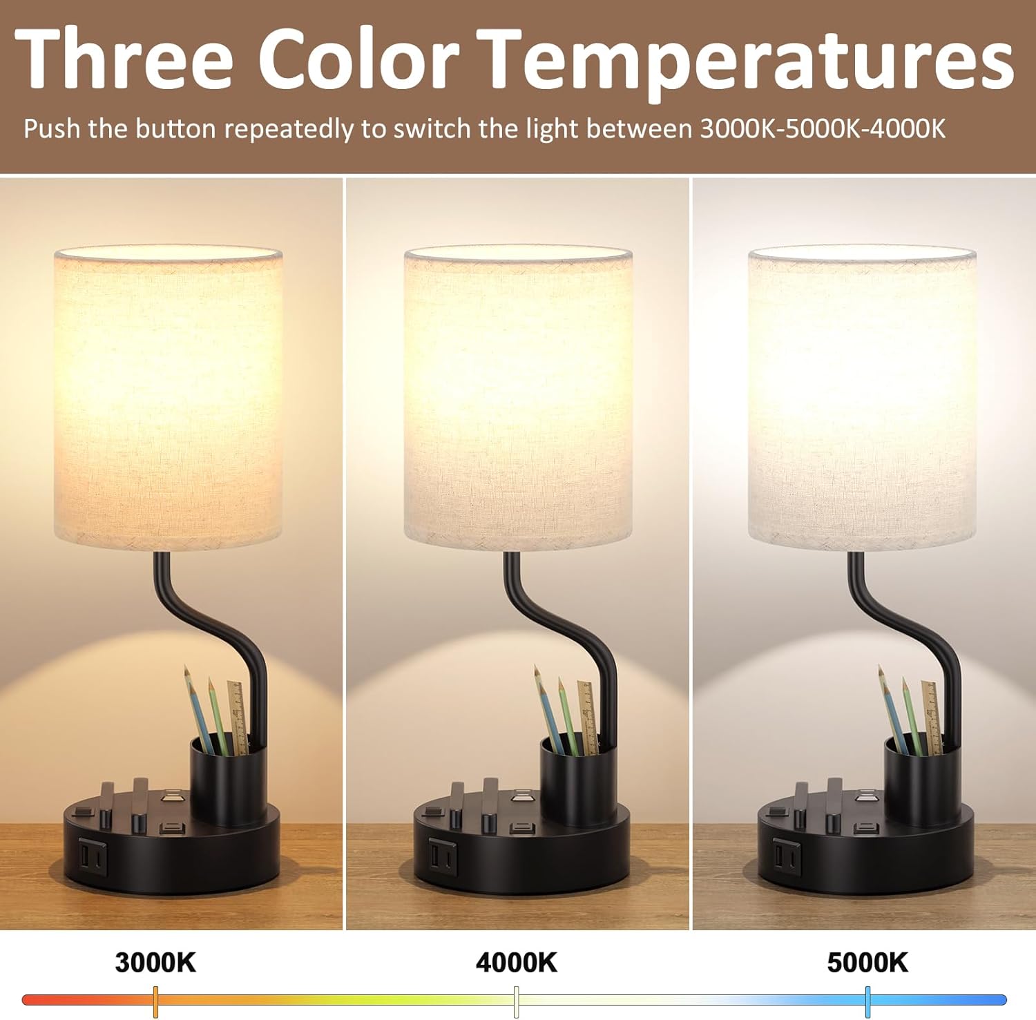 Bedside Table Lamps for Bedroom Set of 2 - Nightstand Light with AC Outlet and USB A & C for Charging, 3 Color Temperatures, Study Desk Lamp with Pen Holder & Phone Stand for Living Room/Dorm/Office - Image 3