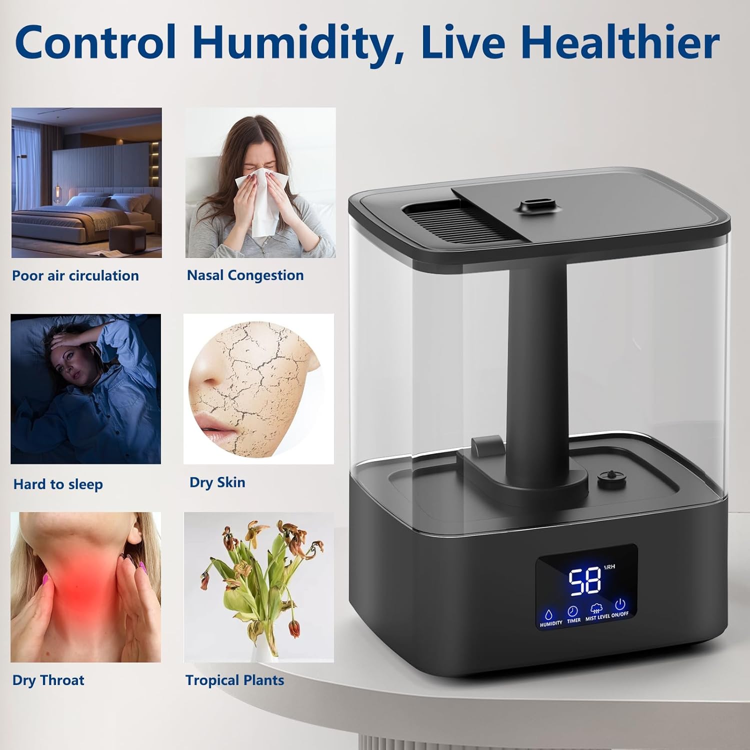 KZF 4L Top Fill Humidifiers for Bedroom & 60H Runtime - Cool Mist Humidifier, 3 Mist Levels, 8H Timer, Essential Oil Tray, Humidity Display, Quiet for Bedroom, Baby, Plants, Large Room - Image 6