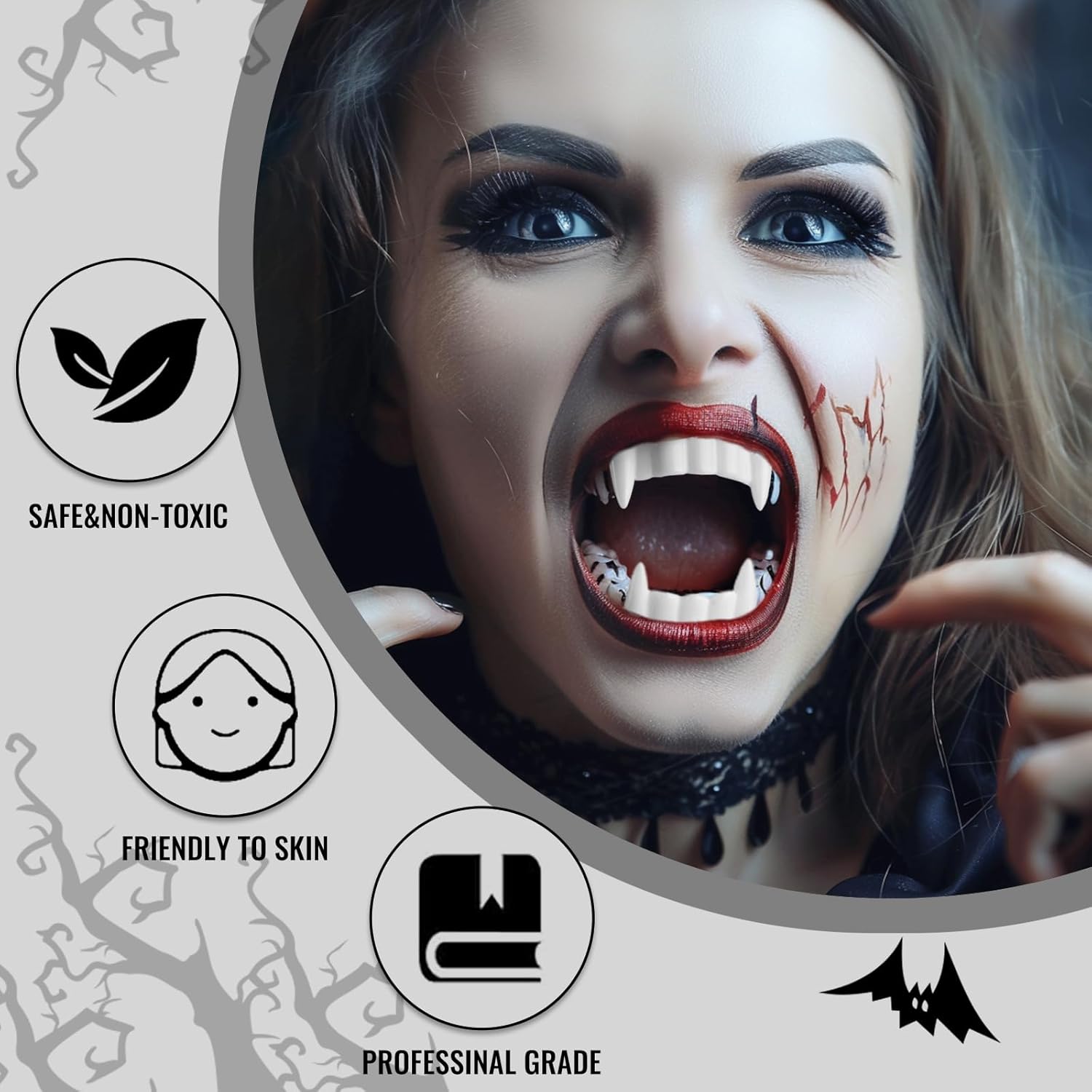 BOBISUKA Halloween Vampire Makeup Kit with White Face & Body Paint, Fake Blood, Black and Red Face Paint Crayon and Fake Teeth SFX Makeup Set for Zombie Wounds Clown Cosplay Special Effects Makeup - Image 3