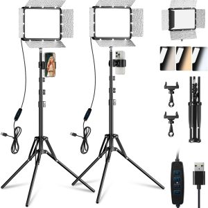 2-Pack LED Video Light Kit with Phone Holder & Barndoor, 2800-7000K Dimmable Studio Lighting for Video Recording, Live Streaming, YouTube, Vlogging, Photography, Makeup, Content Creation, Podcast