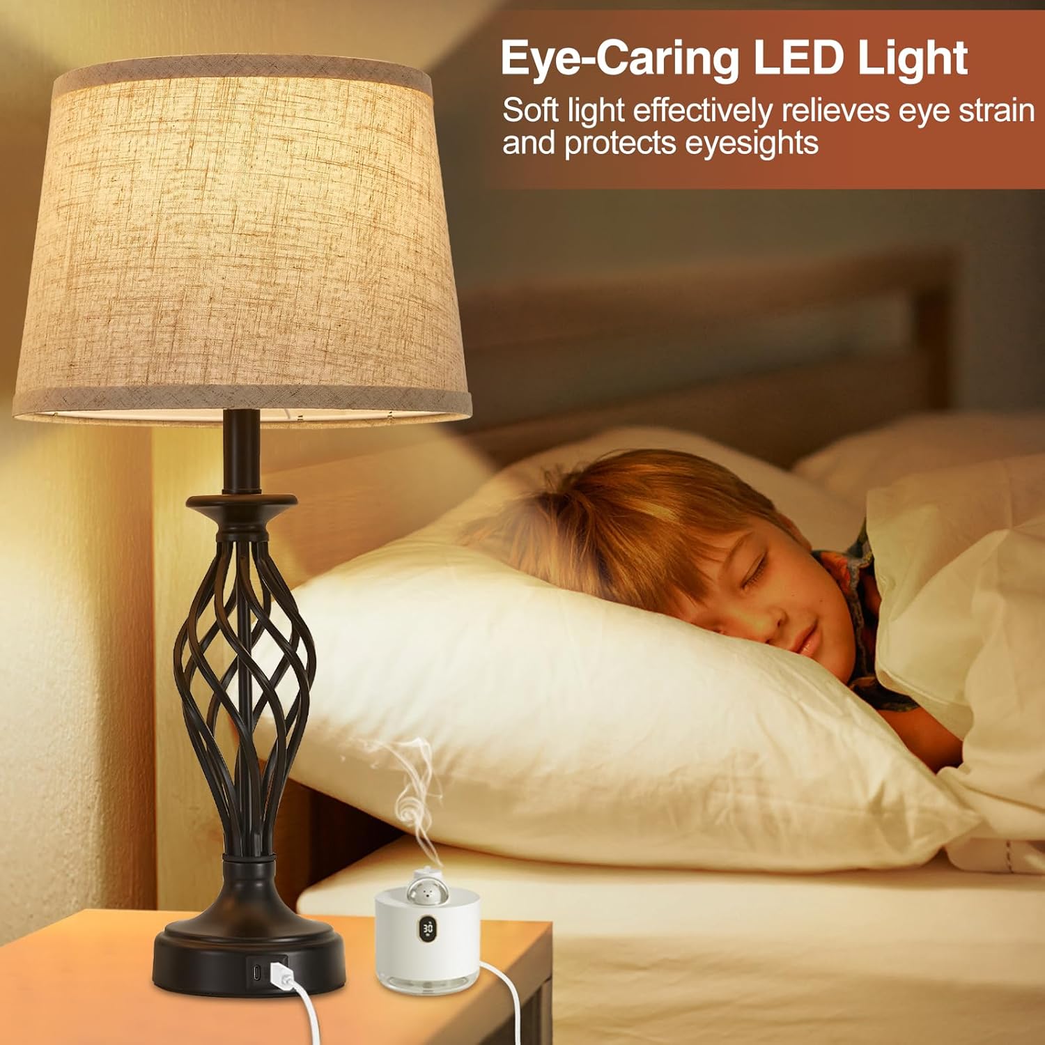 Table Lamp for Bedroom Set of 2 with USB C+A Ports, Modern Bedside Lamps with Spiral Cage Base, Fabric Shade, Nightstand Lamp for Living Room Reading Bed Side End Table, 2 LED Bulbs Included Black - Image 5