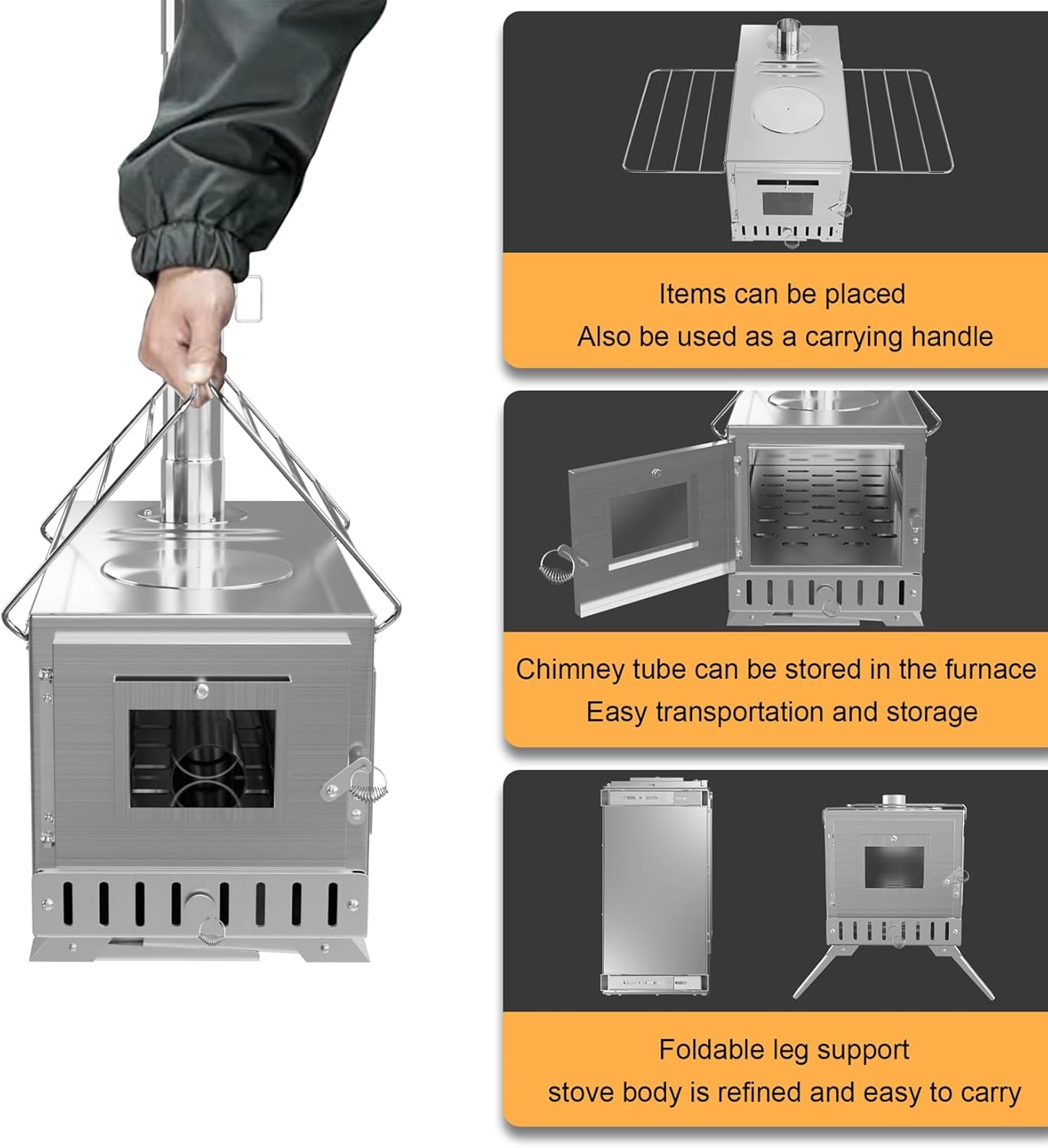 Hot Tent Stove, unho Wood Burning Stove, Portable Wood Stove with 6 Stainless Chimney Pipes for Outdoor Heating & Cooking, Ice Fishing, Hunting,Winter Warmth - Image 6