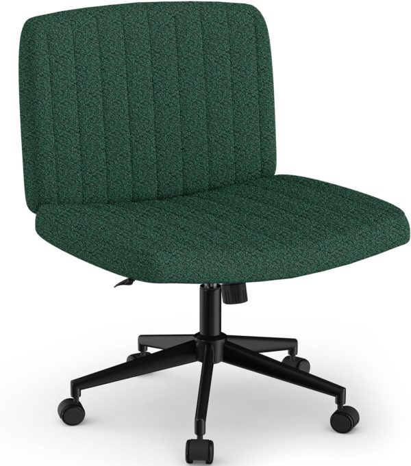 Boucle Criss Cross Chair with Wheels – Wide Armless Office Desk Chair, Ergonomic, Height Adjustment, Adjustable Swivel Vanity Chair, Comfy Fabric Computer Task Chair for Home (Boucle, Green)