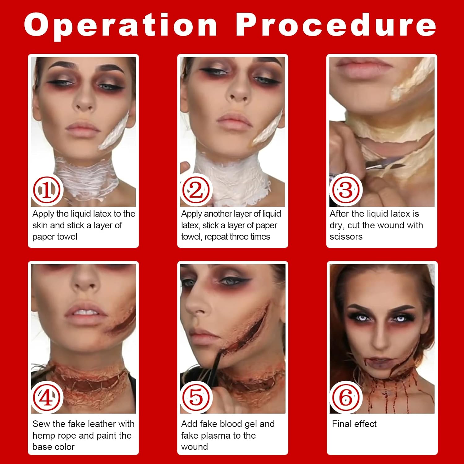 Liquid Latex SFX Makeup Kit, 2.1Oz Latex Liquid with Coagulated Fake Blood Gel, Squirt Blood and Stipple Sponge, Halloween Monster Zombie Clown Makeup for Scald Burn Scar Wound,Cut,Skin Decay - Image 6