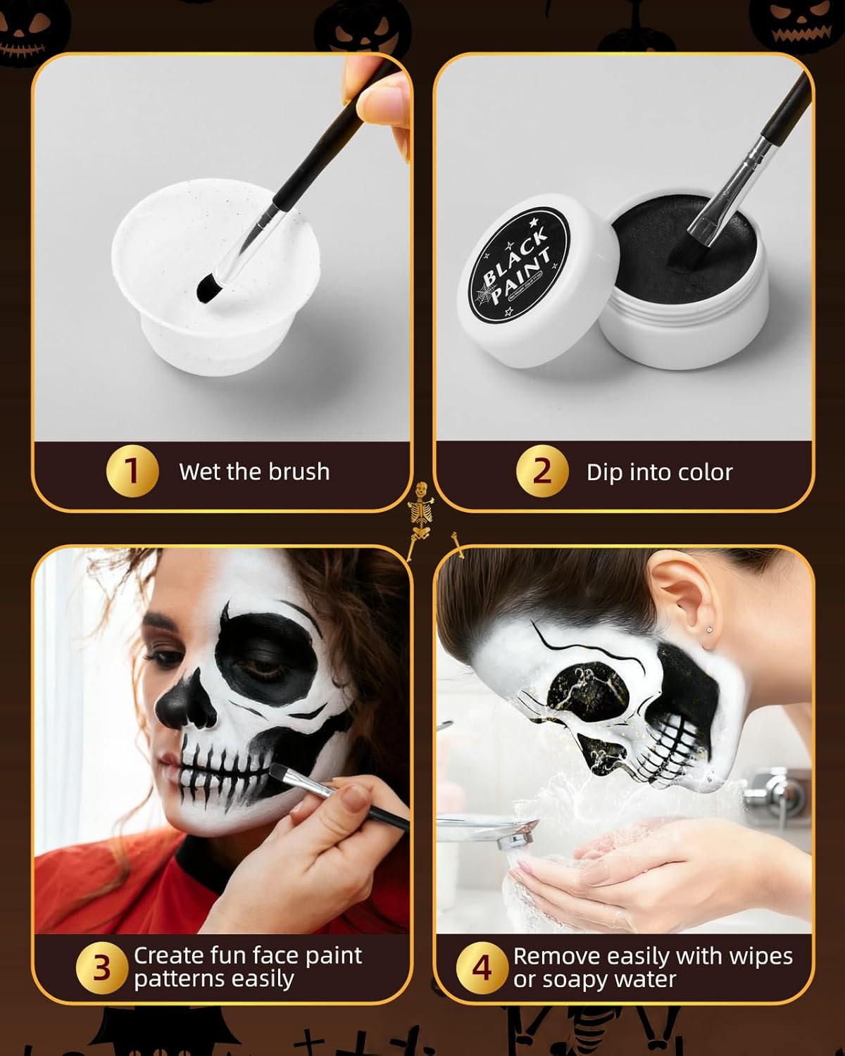 Halloween Glam Skeleton Makeup Kit - Lictin Complete Skeleton/Skull Face Paint with Gold Glitter Gel, Professional Skull SFX Make Up Kit for Halloween, Costume, Cosplay, Carnivals for Adults & Kids - Image 6