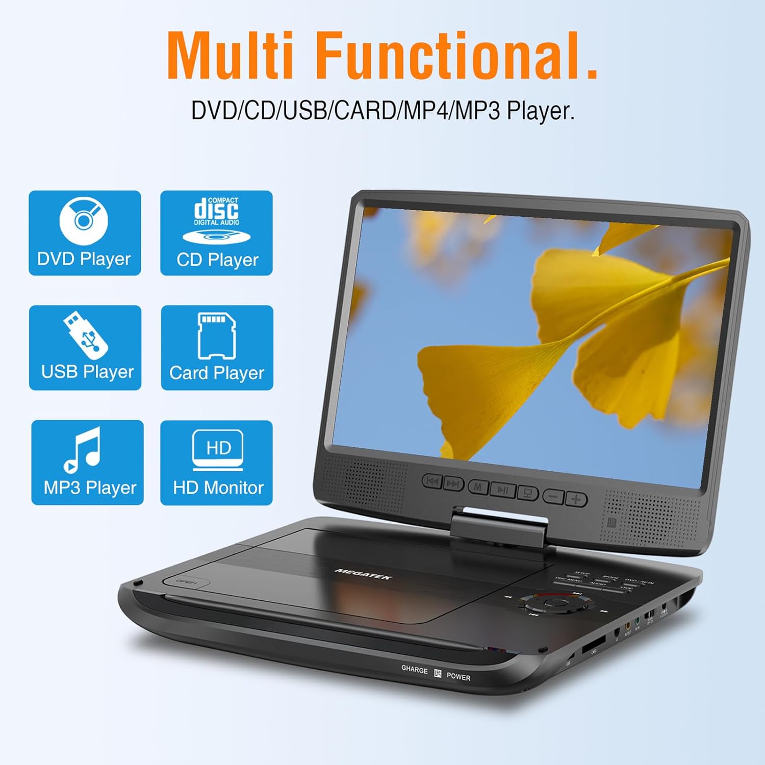 MEGATEK 12.5" Portable DVD Player with 10.5" Screen & Headphones, Car DVD Player for Kids with Headrest Mount, 6-Hour Battery, Supports CD/DVD/USB/SD Card, Remote - Black - Image 2