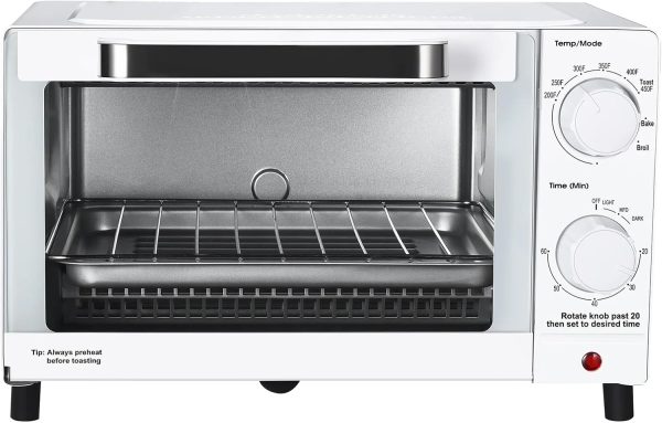 Mainstay Toaster Oven Combo Kitchen Appliances, Fits 9” Pizza, 4 Slice Capacity, Powerful Circulation, Auto Shutoff, Includes Baking Rack Pan Quartz, up to 60 Min, Easy Clean (Arctic White)