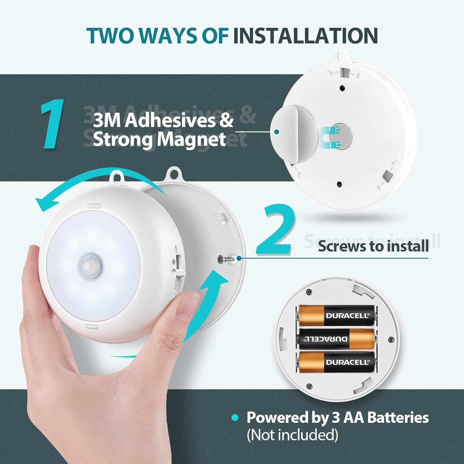 BLS Motion Sensor Light Indoor, LED Night Light Closet Lights, Under Cabinet Battery Powered Ceiling Lights, AA Battery Operated Stick on Wireless Puck Lights for Wall, Step, Stair, Dimmable (3 Pack) - Image 5