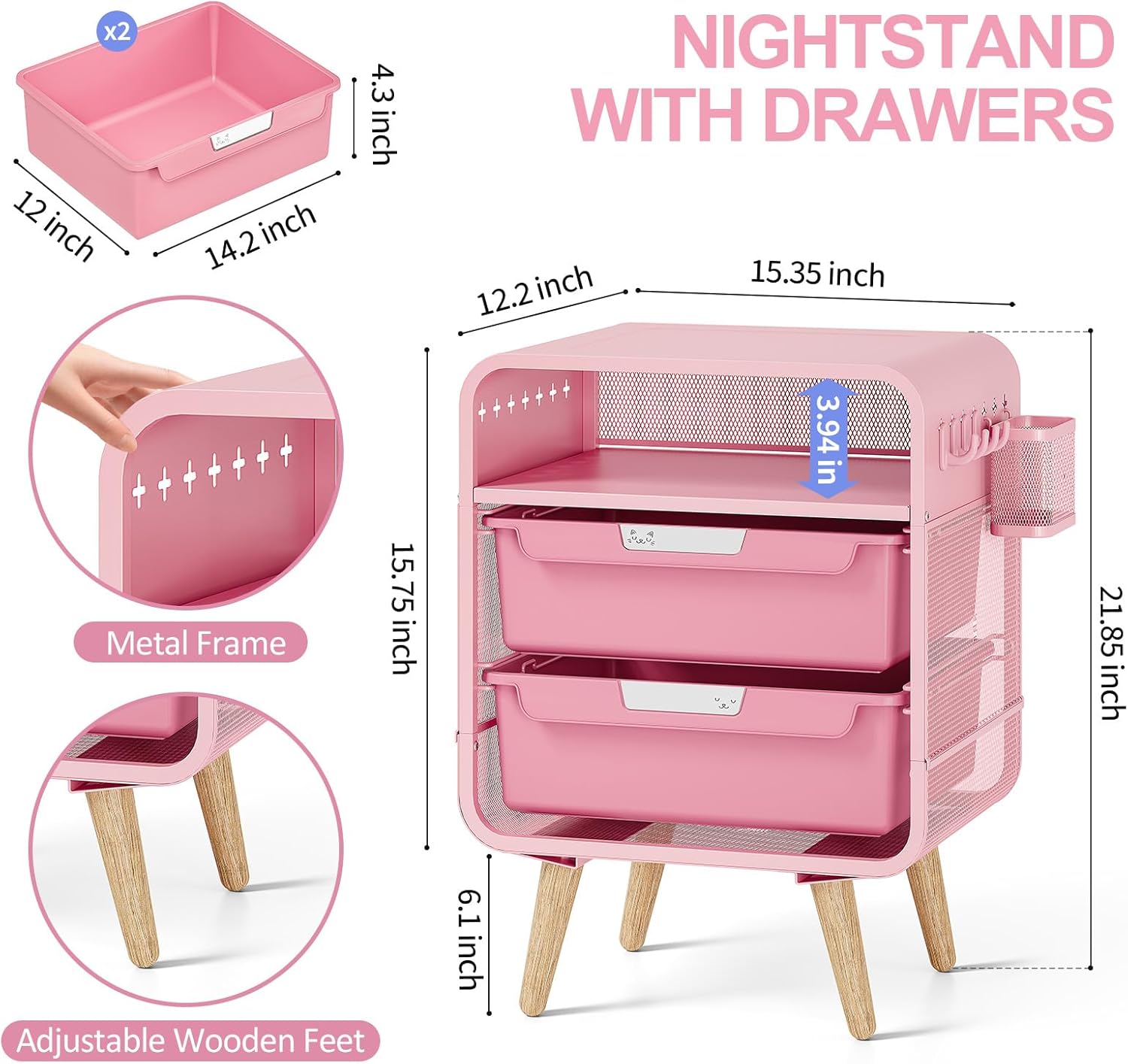Pink Nightstand,Cute End Table with Storage Drawer,Kids Nightstand for Bedroom Furniture,Bedside Table Small Pink Desk Coffee Table for Living Room, Dorm,Office - Image 3