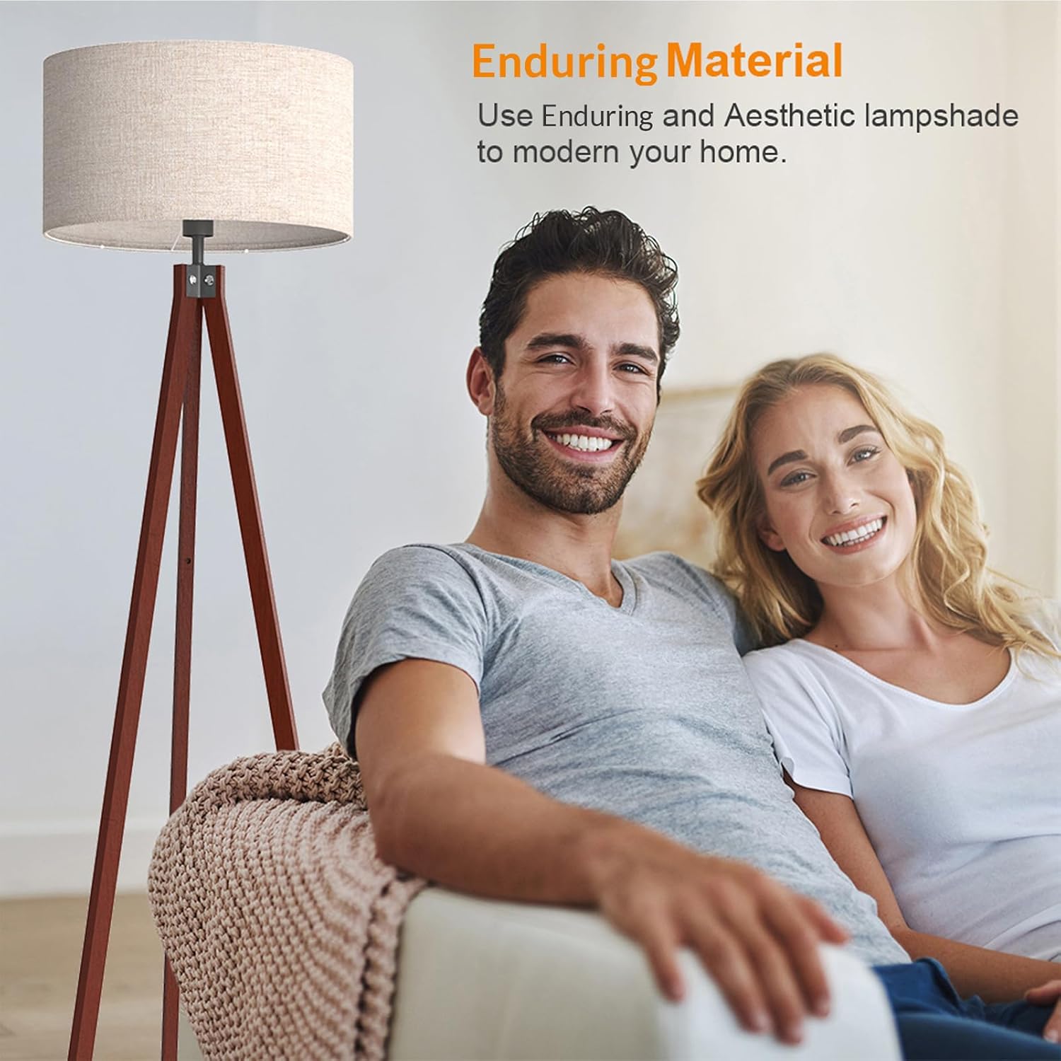 LEPOWER Wood Tripod Floor Lamp, Mid Century Standing Lamp, Modern Design Studying Light for Living Room, Bedroom, Study Room and Office, Flaxen Linen Shade with E26 Base Brown - Image 5