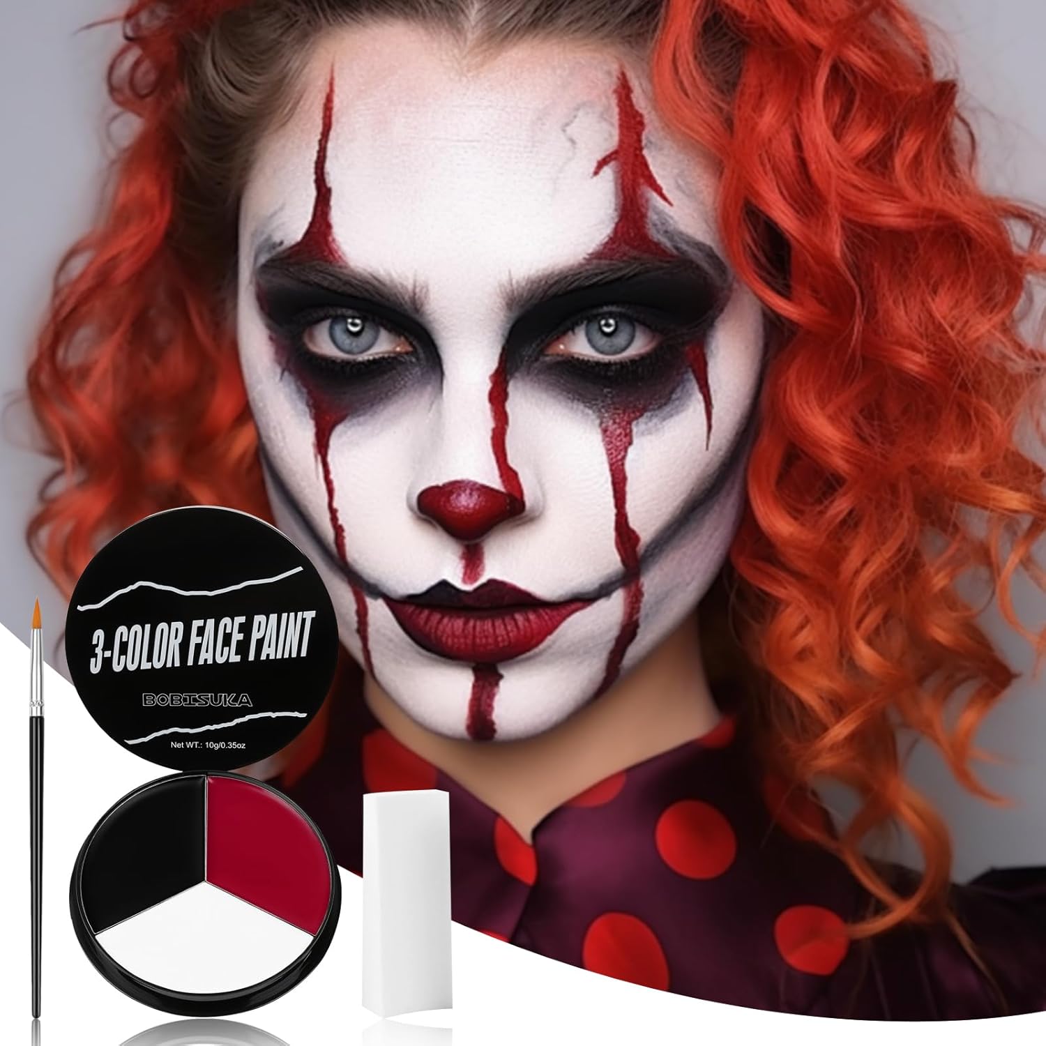 Black White Red Face Paint + 3PC Sponge + Brush, Colored Eye Black for Baseball Softball Sport Games, Body Painting Kit for Halloween Clown Makeup, Cosplay, Costume, SFX Special Effect, Theme Parties - Image 2