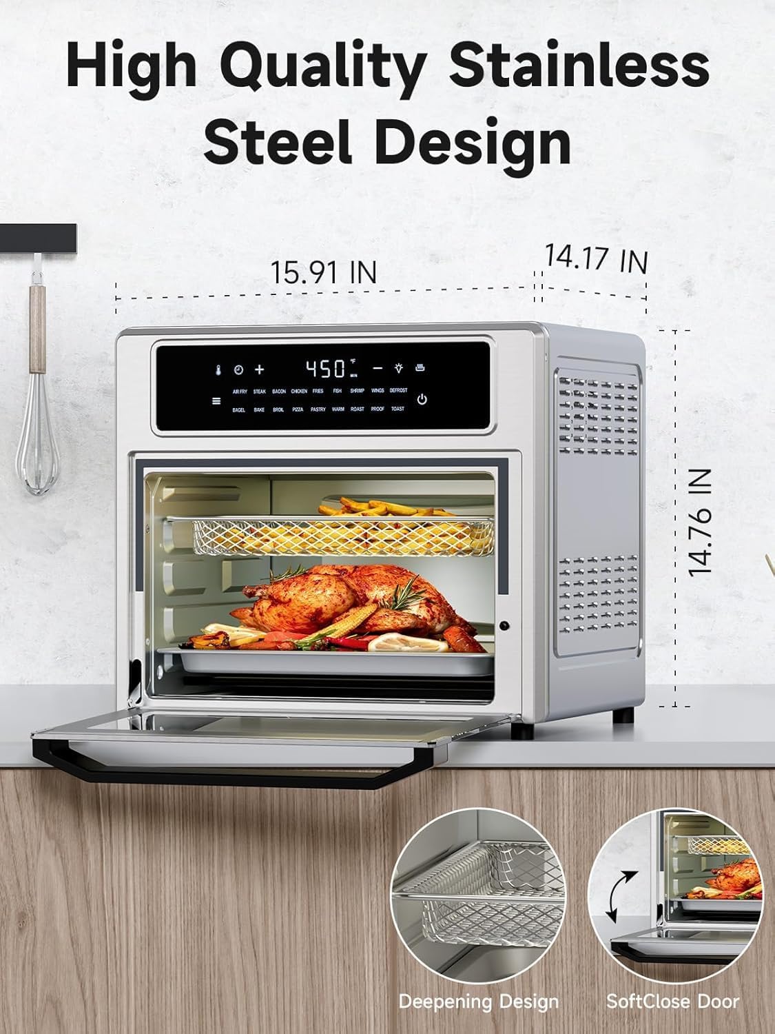 Kitchen Elite Air Fryer Toaster Oven Combo, 26.4 Qt Convection Oven Countertop, 18-in-1, Stainless Steel Large Airfryer, 4 Zone with Accessories, Digital Full Touch Screen, Easy to Clean - Image 4