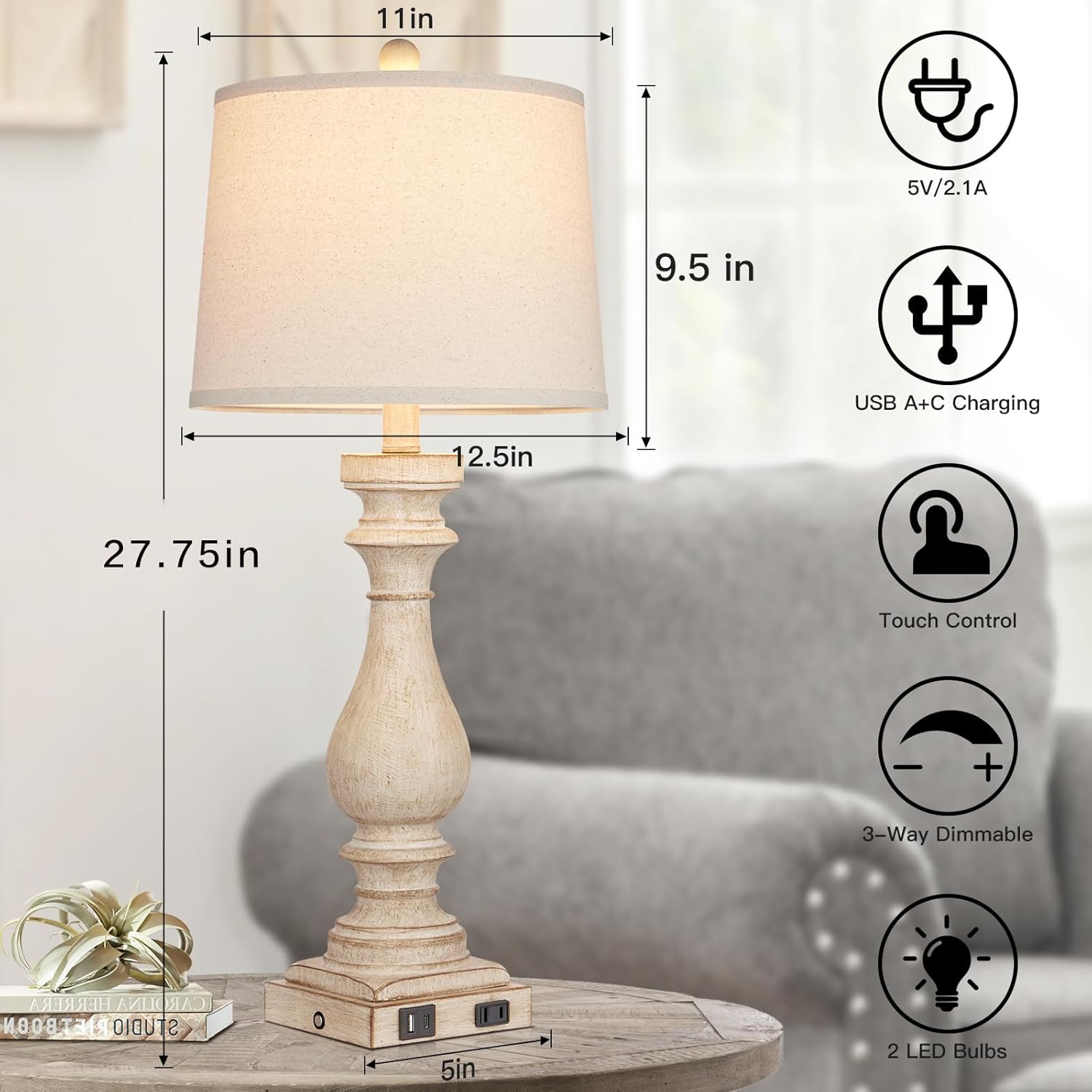 29" Tall Table Lamp for Living Room Set of 2,Vintage Bedside Nightstand Lamps with USB C+A Ports & AC Outlet,3-Way Dimmable Touch Control Desk Lamp for Bedroom,Color 1 - Image 4