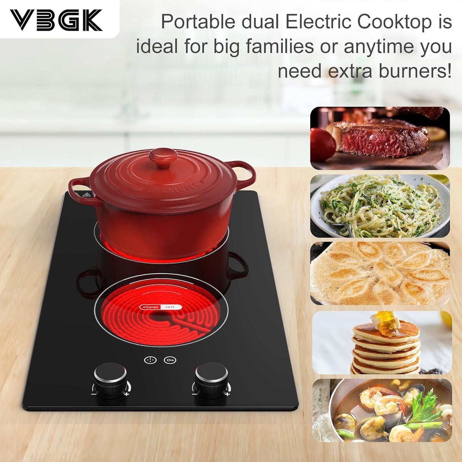 VBGK Electric Cooktop,110V 2400W Electric Stove Top with Knob Control,9 Power Levels, Kids Lock & Timer,LED touch control,Overheat Protection Electric stove,24 Inch desktop 2 burner - Image 4