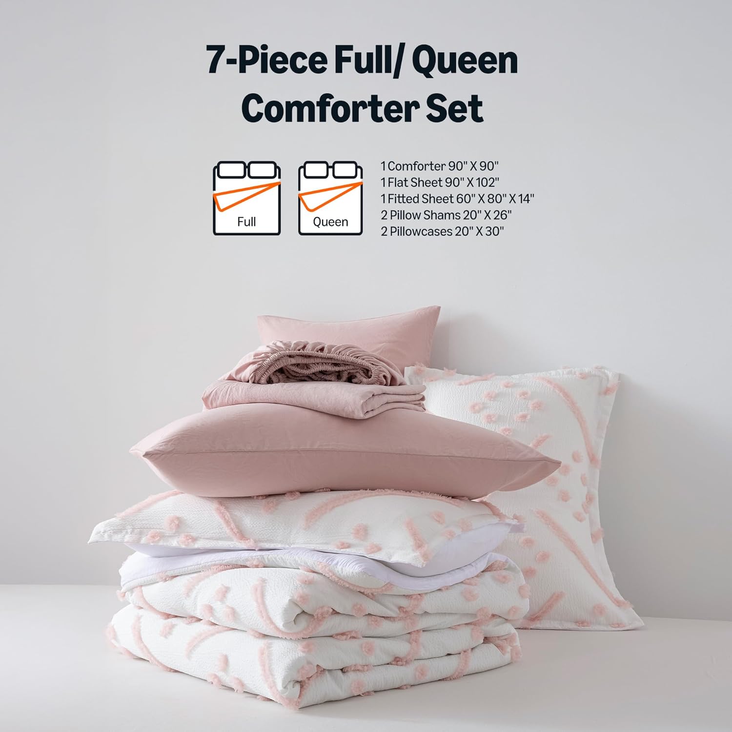 Amazon Basics 7-Piece Kids' Bed-in-a-Bag, Jacquard Microfiber Bedding Set with Comforter, Sheets, Pillowcases and Pillow Covers, All-Season, Pink Tufted, Full/Queen - Image 5
