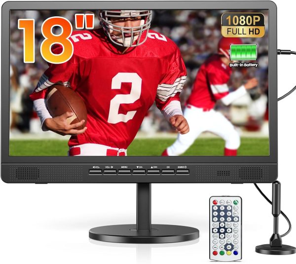 Desobry 18.5" Portable TV with Antenna, 6500mAh Built-in Power Operated TV, 12 Volt Small TV Support HDMI/AV/USB/Headphone Jack Input，Portable T V for Camping, RV, Patio, Kitchen, Indoor, Outdoor