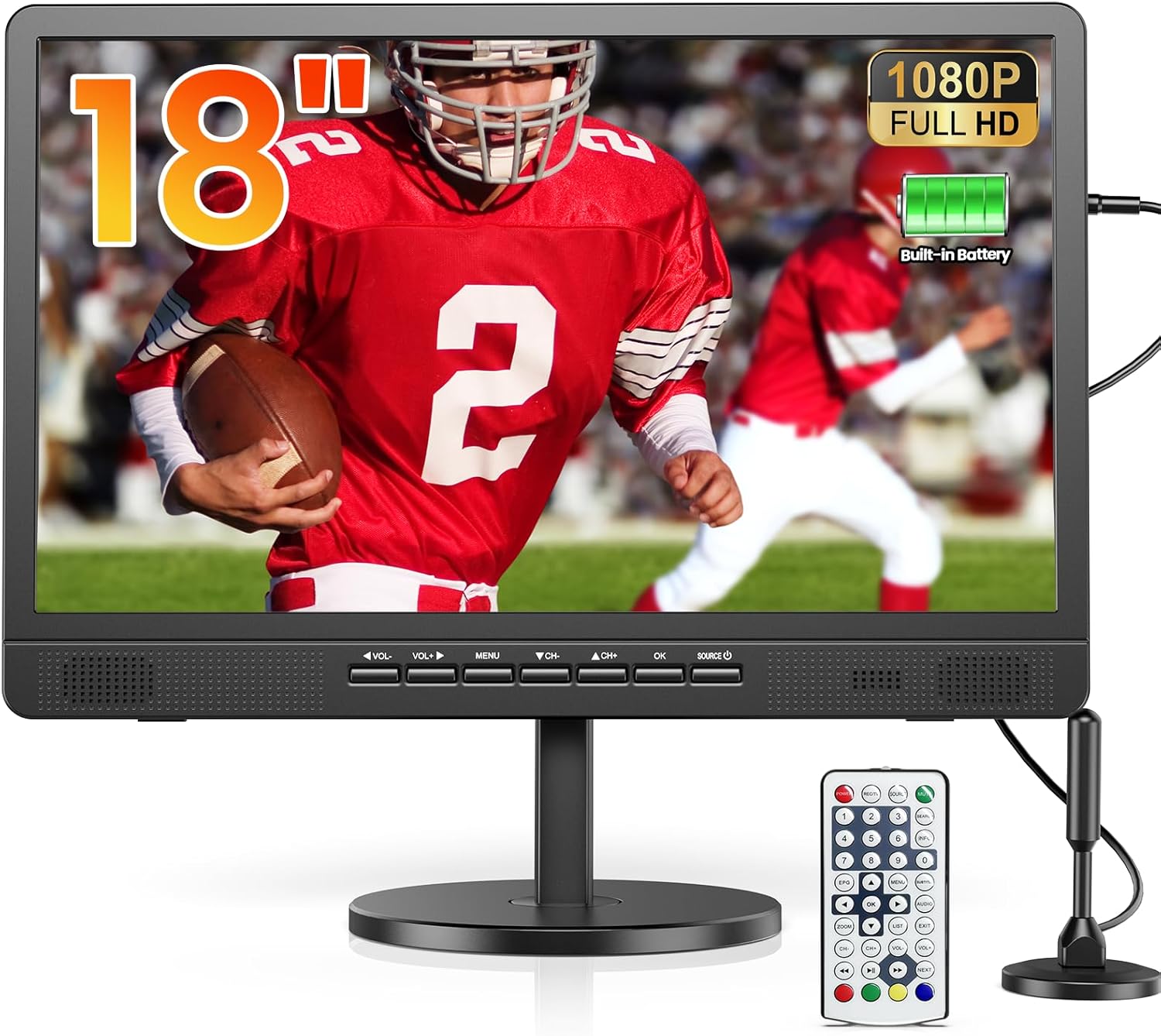 Desobry 18.5" Portable TV with Antenna, 6500mAh Built-in Power Operated TV, 12 Volt Small TV Support HDMI/AV/USB/Headphone Jack Input,Portable T V for Camping, RV, Patio, Kitchen, Indoor, Outdoor