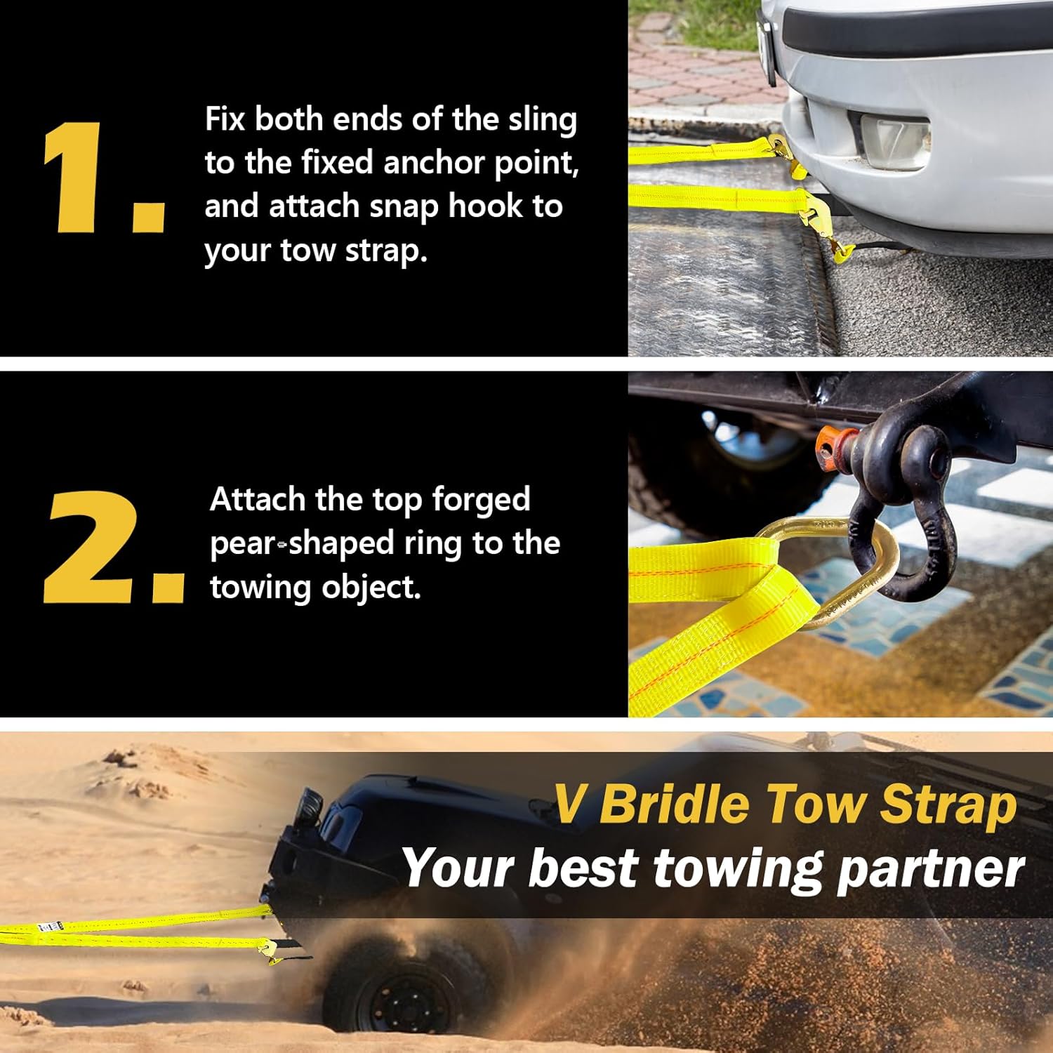 Axle V-Bridle Strap, 2" x 6' With 4700LBS Capacity, Tie Down With Snap Hooks, Cordura Sleeve, D Ring Middle - ATV Car Truck Recovery Tow Trailer - Image 5