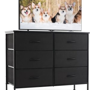 Sweetcrispy Dresser for Bedroom, TV Stand, 6-Drawer Fabric Storage Cabinet with Open Shelves, Console Table, Entertainment Center and Closet Organizers for Living Room Furniture, Black