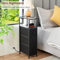 Narrow End Tables Living Room Set of 2 with Charging Station, Skinny Side Table with Fabric Drawers, Slim Nightstand for Bedroom, Small Spaces, Couch, Black, HETNDP03BK - Image 7