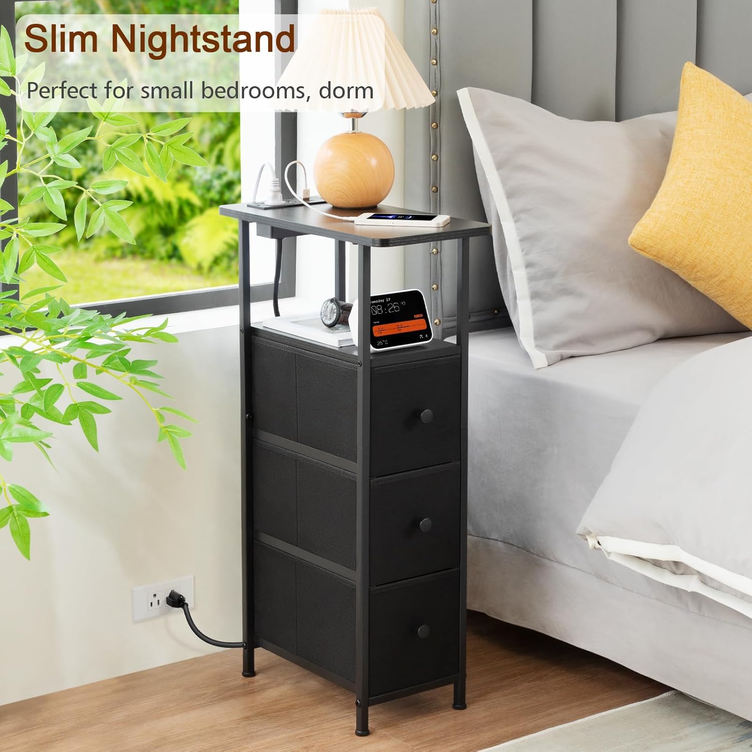 Narrow End Tables Living Room Set of 2 with Charging Station, Skinny Side Table with Fabric Drawers, Slim Nightstand for Bedroom, Small Spaces, Couch, Black, HETNDP03BK - Image 7